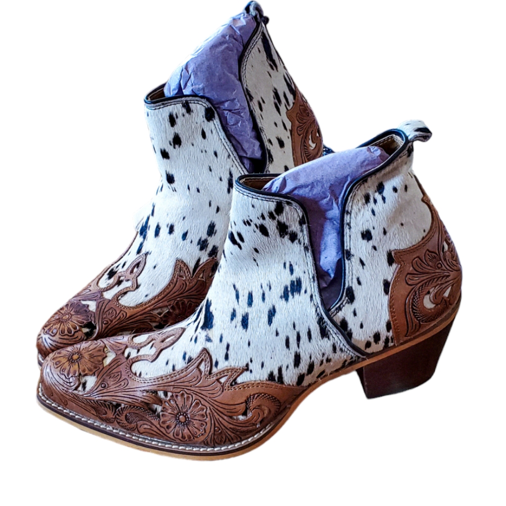 Myra Bag Two-Tone Haircalf Cowhide Western Ankle Boots In White And Brown
